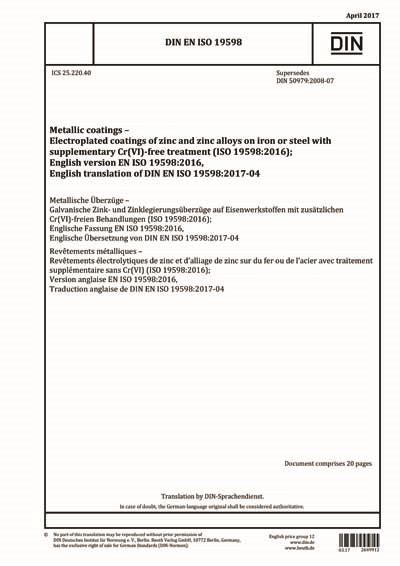 附加无Cr(VI)处理的铁或钢表面锌和锌合金电镀层(ISO 19598-2016);德文版本EN ISO 19598-2016. . Iso 19598 pdf